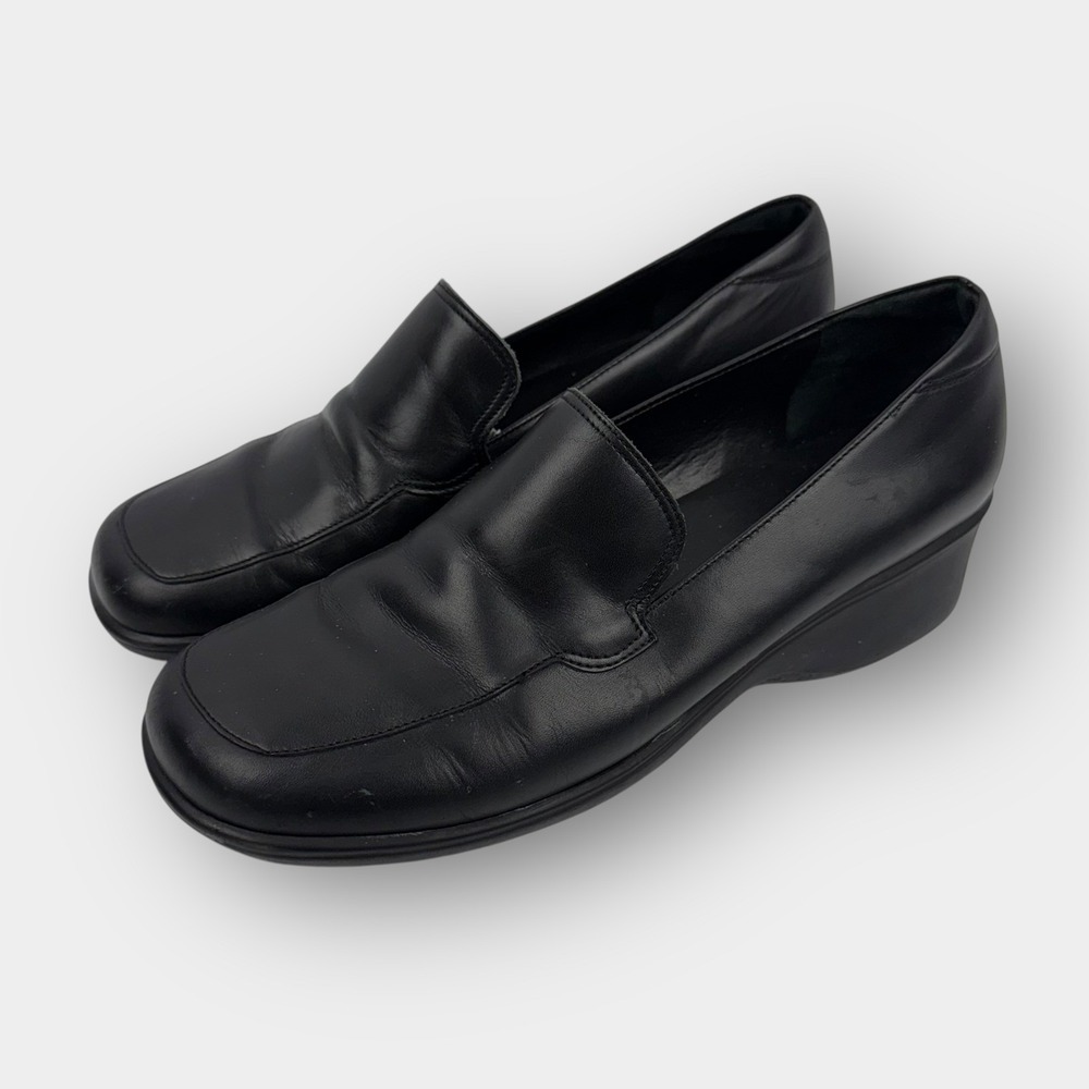 Rockport Women’s Loafers 7.5M Black Leather Wedge Slip On Comfort Work Shoes